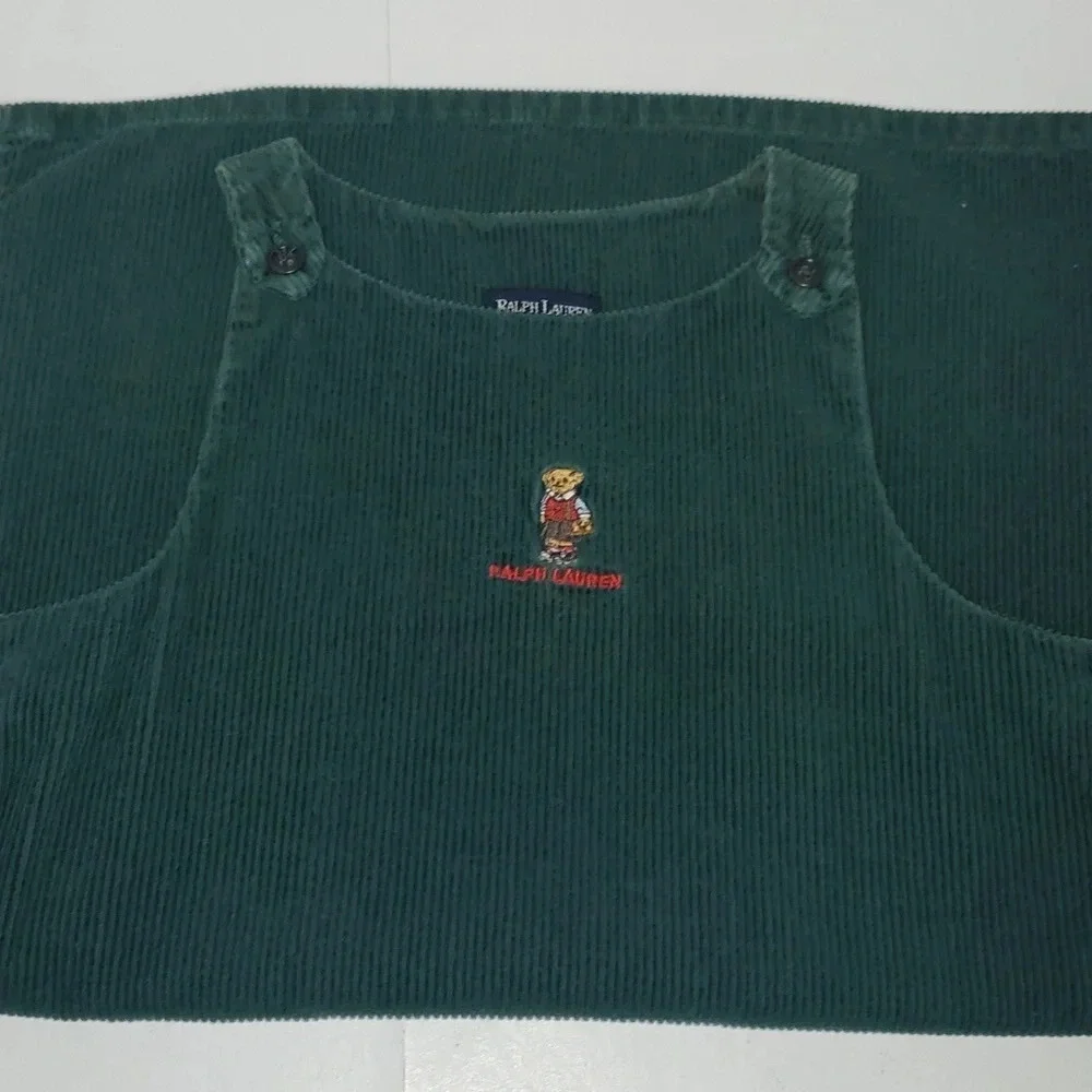 Ralph Lauren Green Corduroy Dress Overall Embroidered Bear Size 6x